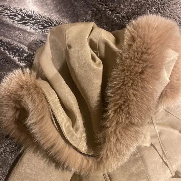 Cleo petites tan faux fur trim soft suede puffer jacket Sz PM - Picture 13 of 14